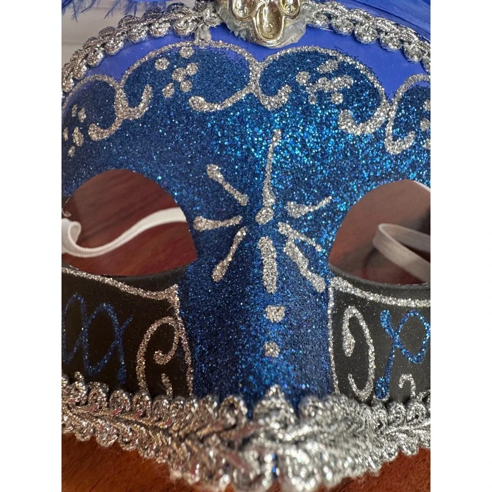 Blue Silver Mardi Gras Masquerade Mask Feather Venetian Style Costume Mask